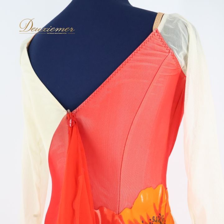 社交ダンス 衣装 スタンダード ドレス ワンピース 白 オレンジ 花柄