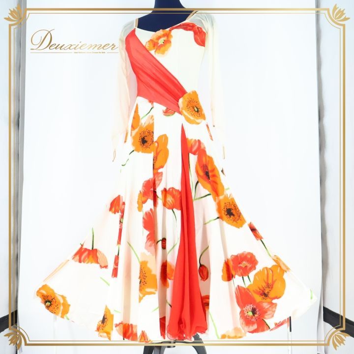 社交ダンス フォーマル ドレス ダンス オレンジ 黒 花柄 M～L 社交