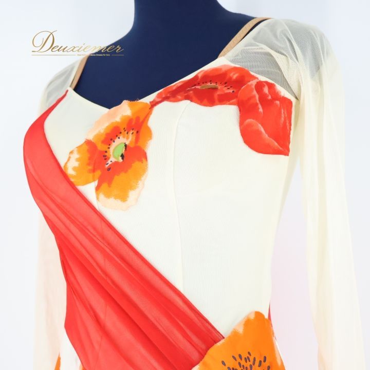 社交ダンス 衣装 スタンダード ドレス ワンピース 白 オレンジ 花柄