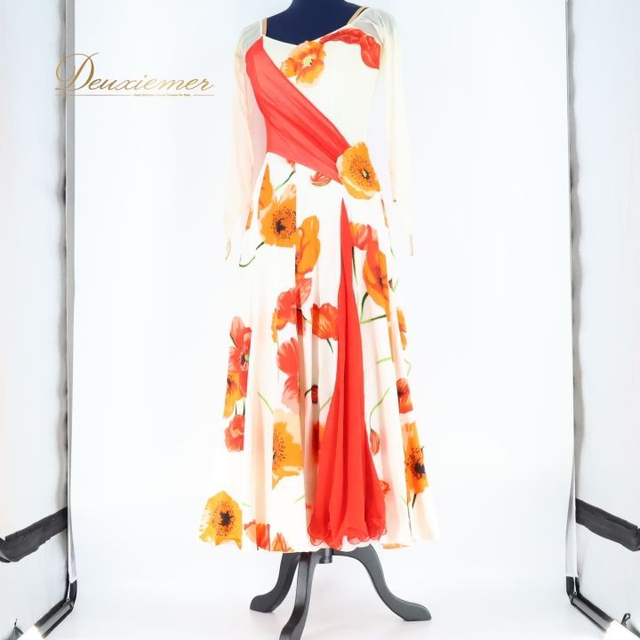 社交ダンス 衣装 スタンダード ドレス ワンピース 白 オレンジ 花柄