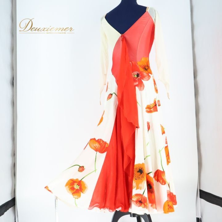 社交ダンス 衣装 スタンダード ドレス ワンピース 白 オレンジ 花柄