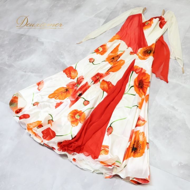 【 イン・ザ・ムード 】社交ダンス用ドレス オレンジとホワイト花柄 社交ダンス 衣装 スタンダード ドレス ワンピース 白 オレンジ 花柄