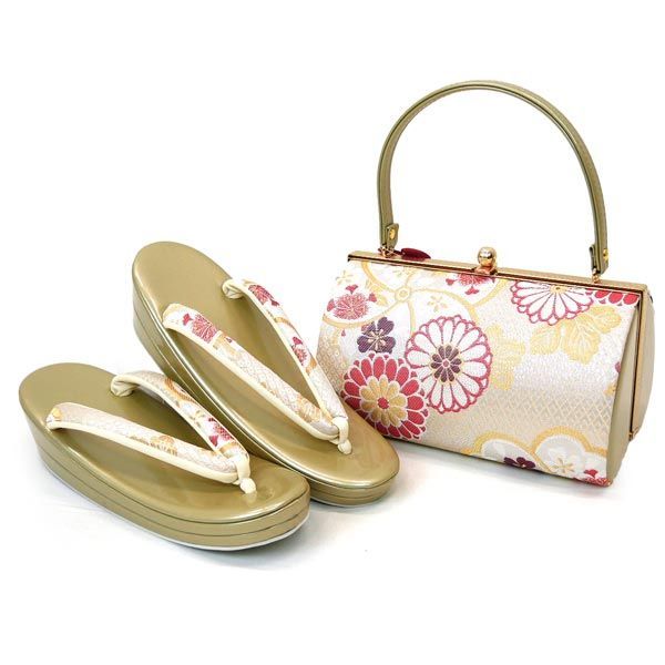 Lサイズ 振袖用 草履バッグセット zb-074 二枚芯 成人式 振袖 小紋 金 ゴールド 菊 捻り梅 沖縄県 離島は 京都うさぎ堂