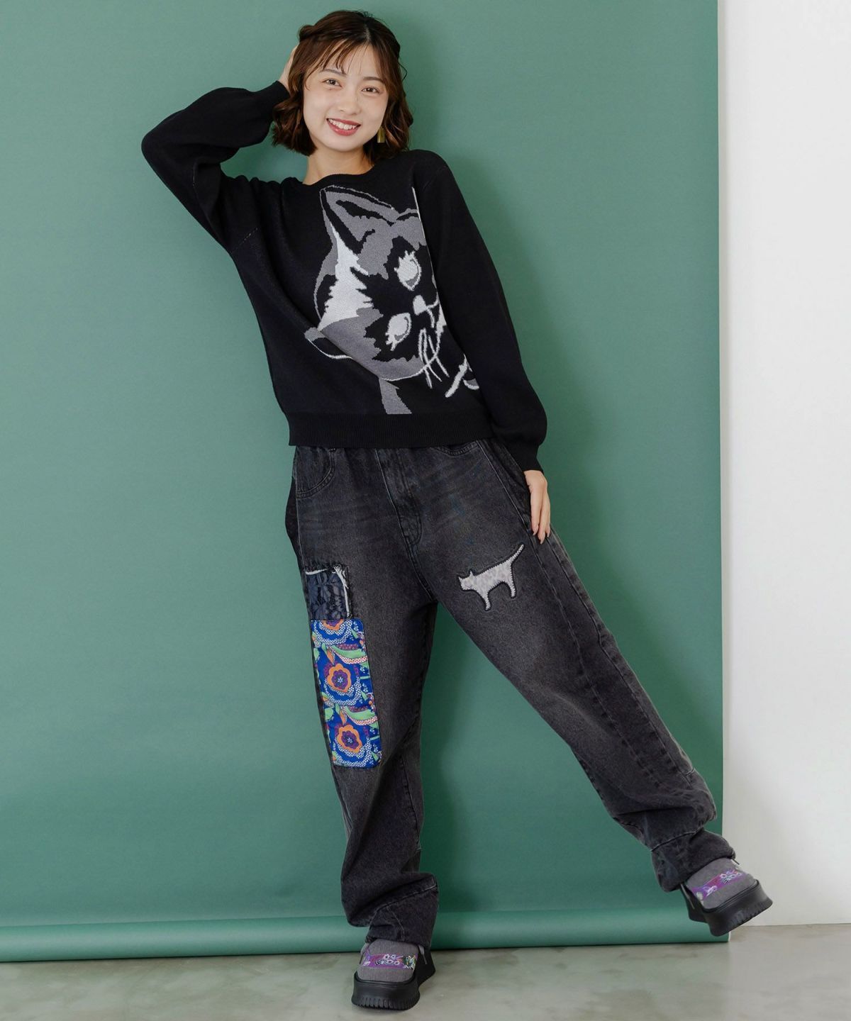  ScoLar ス 153680 ひょっこりネコ×フリル付き 4 WAYプルオーバー その他 トップス