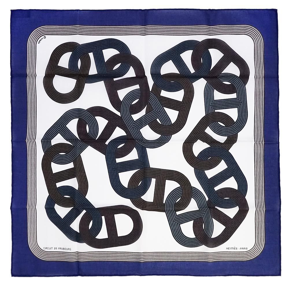 エルメス ハンカチーフ Circuit 24 Faubourg 24番地のサーキット シェーヌダンクル ハンカチ コットン100％ インディゴ ブルー マルチ HERMES