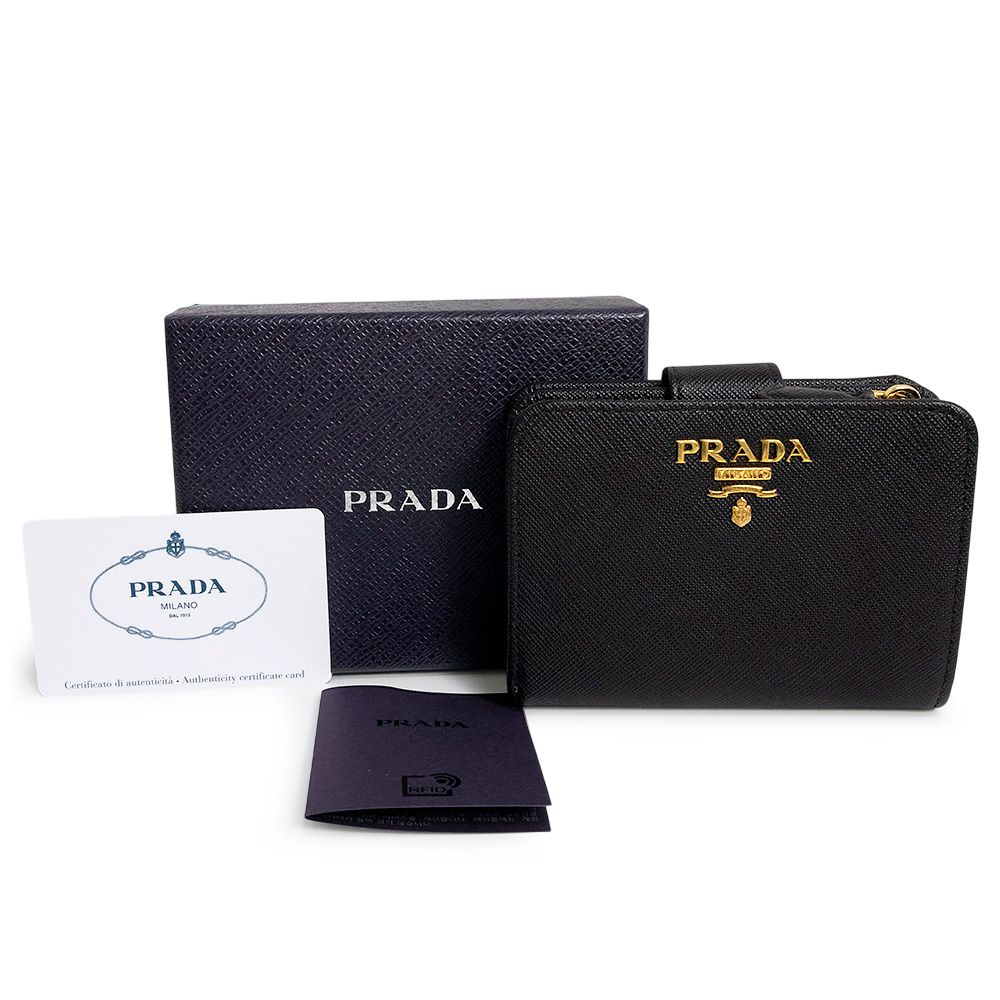 プラダ サフィアーノ L字ファスナー コンパクトウォレット 二つ折り財布 レザー ネロ ブラック ゴールド金具 1ML018 PRADA