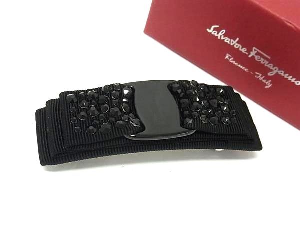 Salvatore Ferragamo フェラガモ ヴァラリボン キャンバス ストーン バレッタ ブラック系 FP 6360