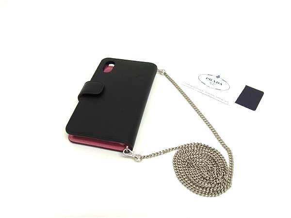 PRADA プラダ 1ZH078 レザー チェーン ショルダー付き iPhoneX XS 対応 手帳型 スマホケース ブラック系 FN6619