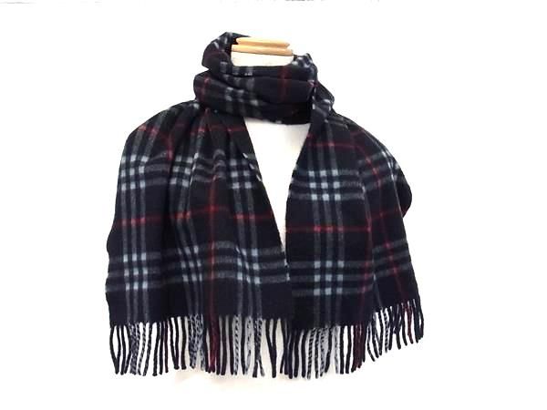 BURBERRY バーバリー カシミヤ100% フリンジ チェック柄 マフラー ストール 防寒具 レディース ブラック系 BR0528