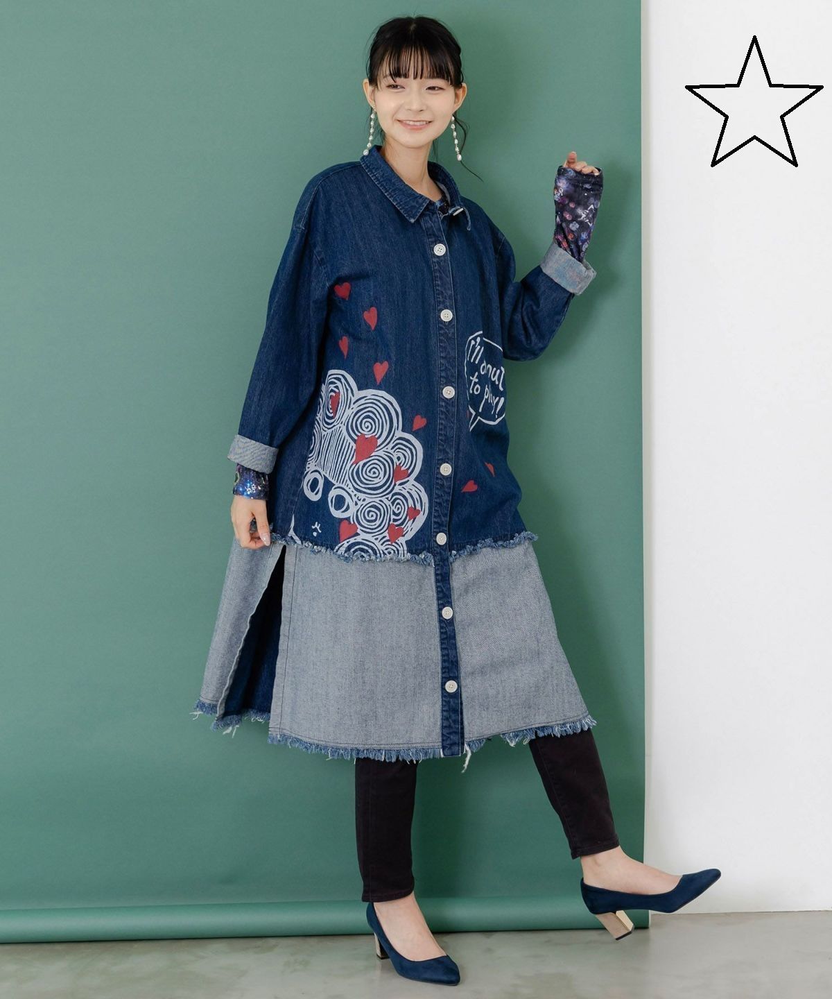 ScoLar ス 153675 ひょっこりス ちゃん柄デニムシャツアウター