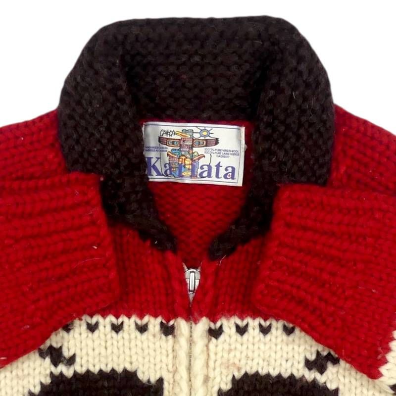 カウチンセーター kanata ニット L カナダ製 カナタ 赤 クジラ ハンド