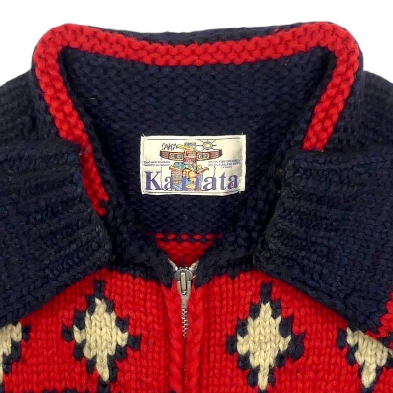 カウチンセーター kanata ニット XL カナダ製 カナタ 赤 幾何学柄