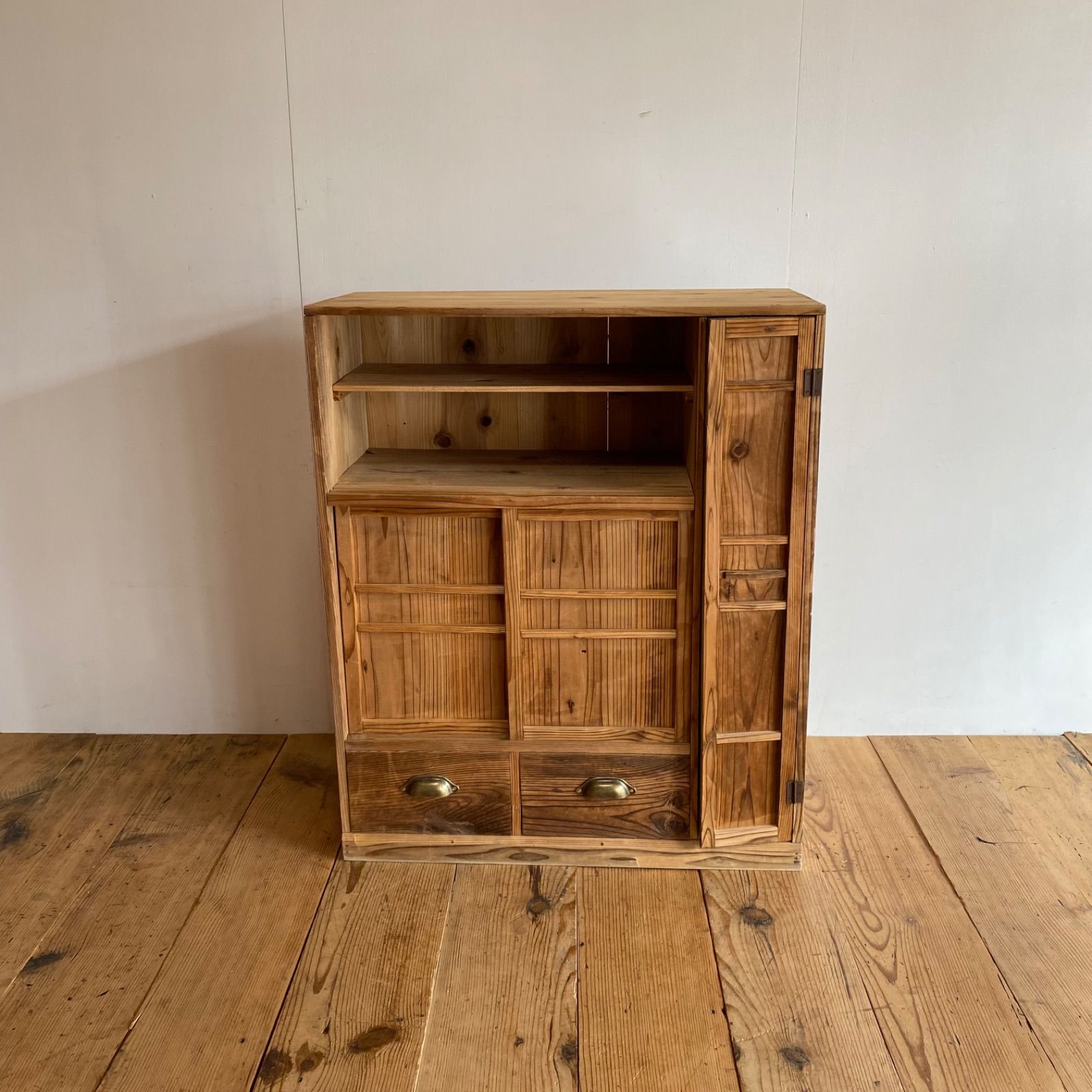 アンティーク 棚 チェスト 鉄脚 本棚 食器棚 無垢材 y241 2点セット