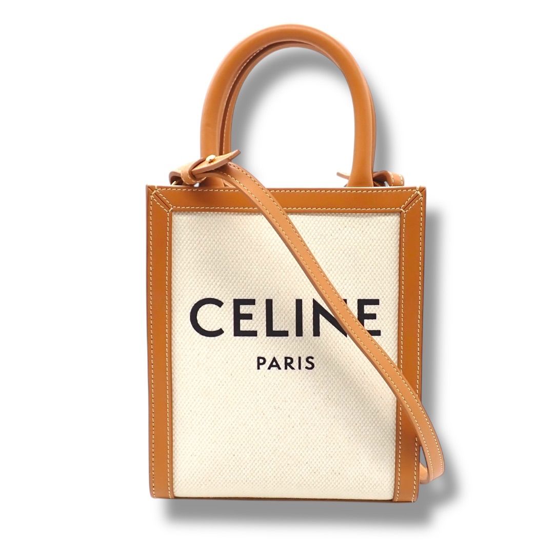 セリーヌ CELINE ミニバーティカルカバ ショルダーバッグ ハンドバッグ トップハンドル 2 way キャンバス レザー ベージュ ブラウン ロゴ 4400
