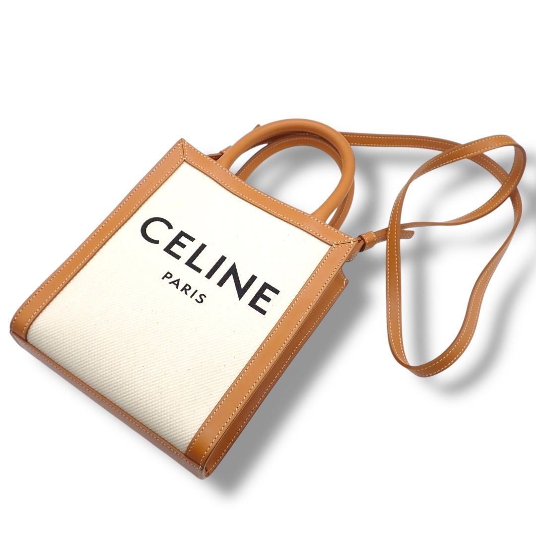セリーヌ CELINE ミニバーティカルカバ ショルダーバッグ ハンドバッグ トップハンドル 2way キャンバス レザー ベージュ ブラウン ロゴ 4400