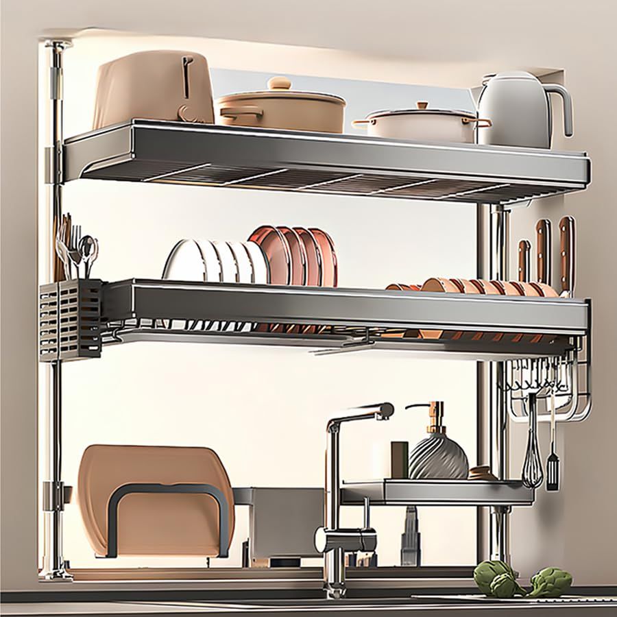 Zilnox 水切りラック シンク上 食器 水切り かご ラック 大容量 突っ張り つっぱり式 キッチン 省スペース 収納 洗い物ラック 炭素鋼 グレー 2段 幅78x奥行30.5x高66.5-105CM