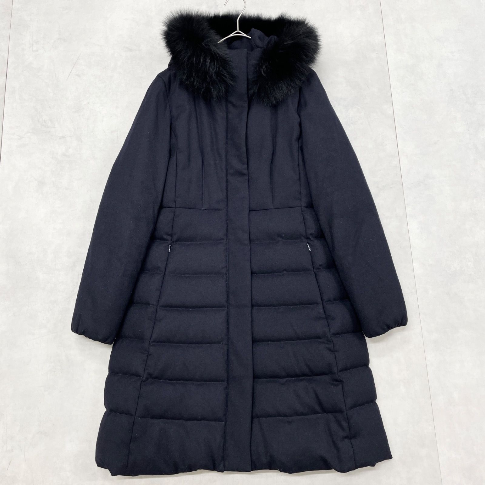 ANAYI ウールコート ネイビー ファー付き 36 ANAYI アナイ ダウンコート ロング フード ウール フォックスファー