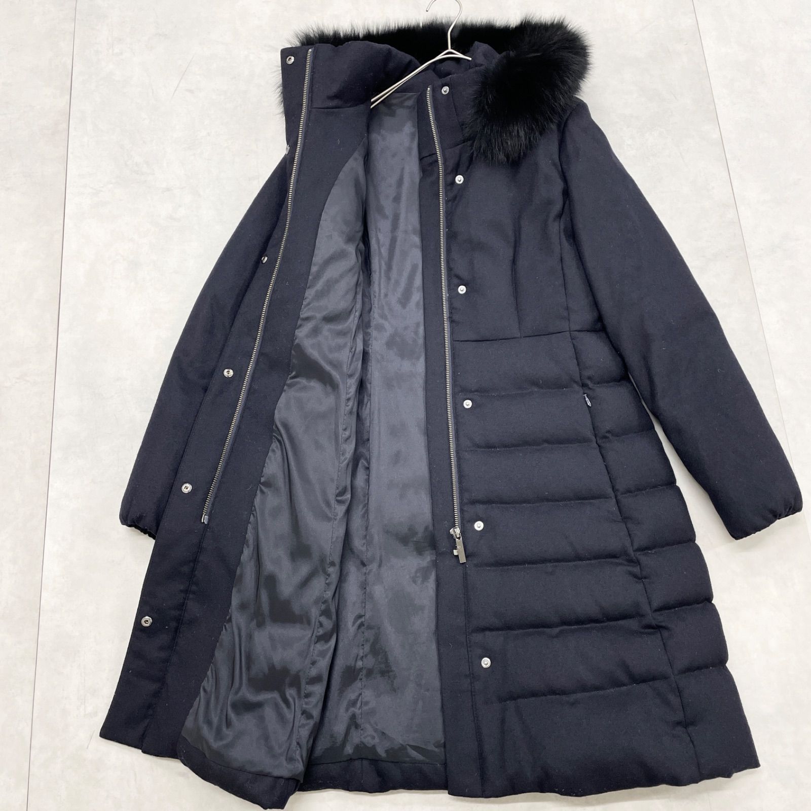 ANAY ダウン コート ロング ウール フォックス ファー ネイビー 36