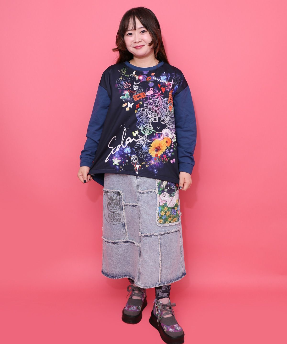 ScoLar ス 153673 花ネコのアシメフリンジ アップリケデニムスカート