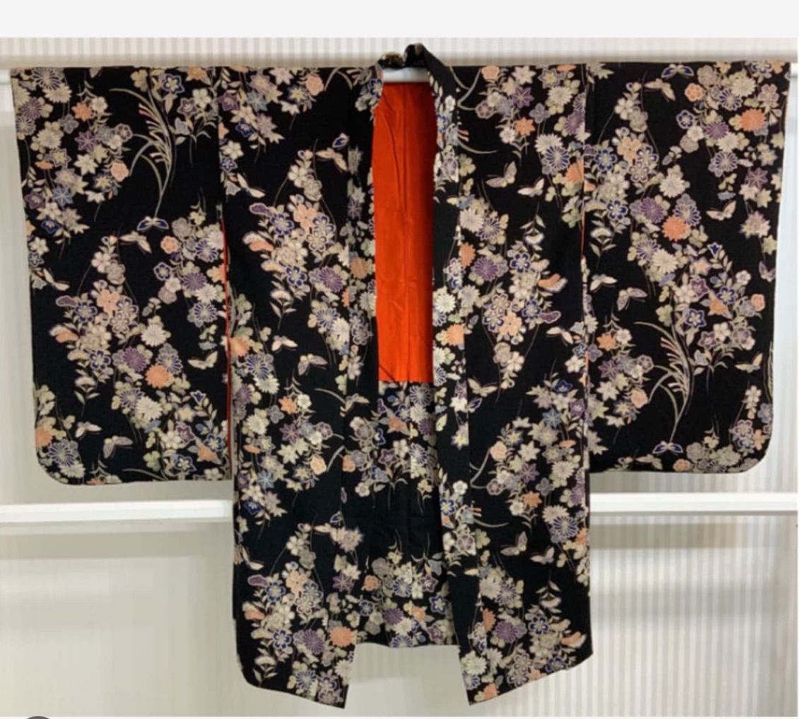 kimomo one kimonoarisa 厳選 アンティーク長羽織 縮緬 黒地 正絹 裄61肩丈96 着物帯振袖袋帯