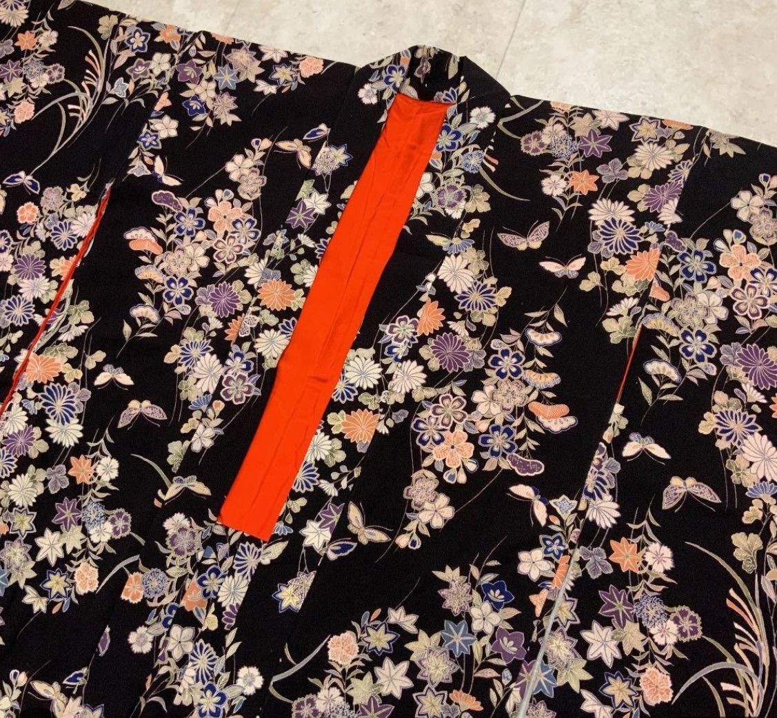 kimomo one kimonoarisa 厳選 アンティーク長羽織 縮緬 黒地 正絹 裄61肩丈96 着物帯振袖袋帯