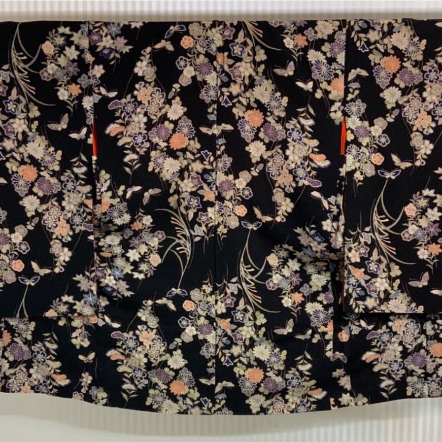  kimomo one kimonoarisa 厳選 アンティーク長羽織 縮緬 黒地 正絹 裄61肩丈96 着物帯振袖袋帯 羽織 着物 浴衣