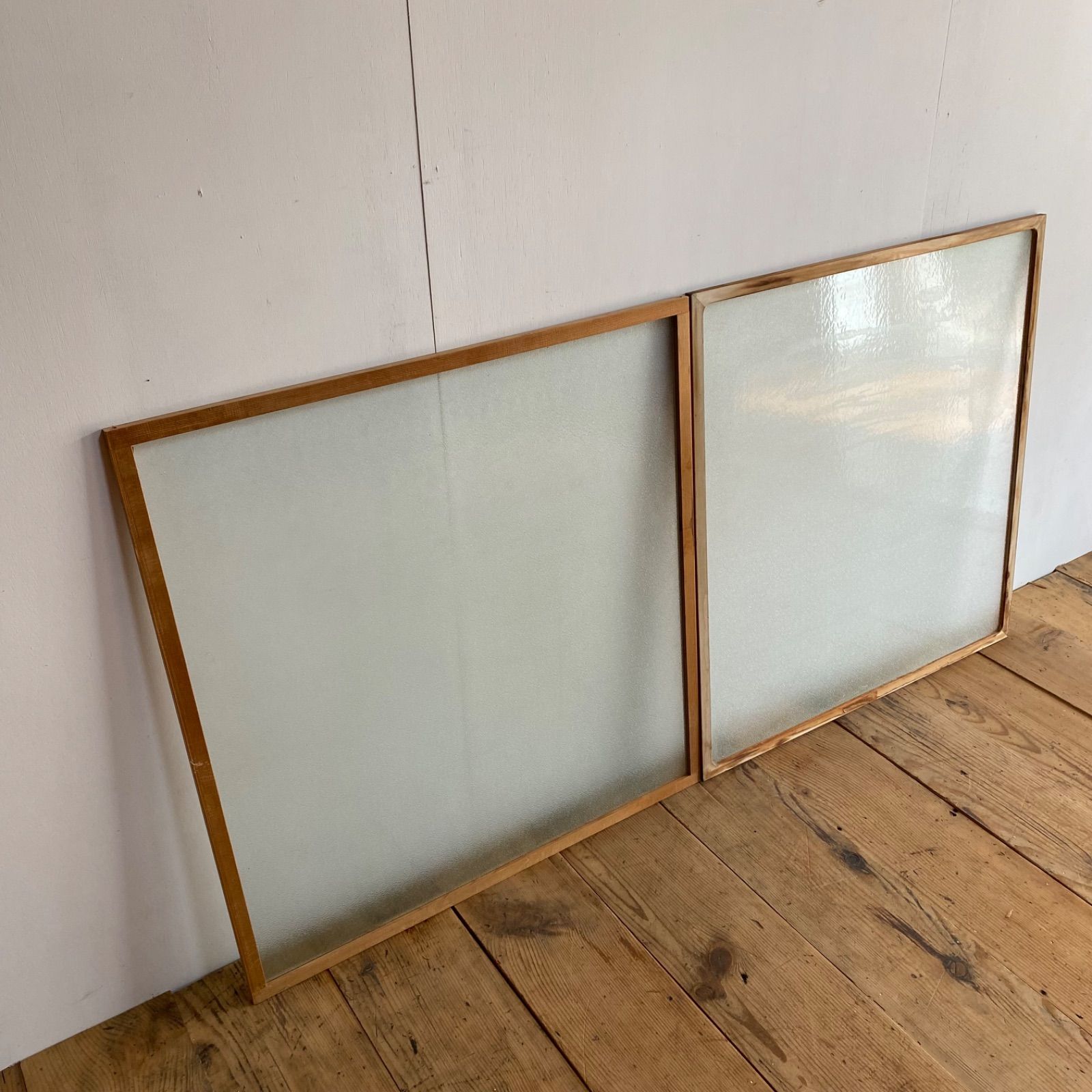 2枚セット アンティーク すりガラス 型ガラス 木製枠 古建具 レトロ