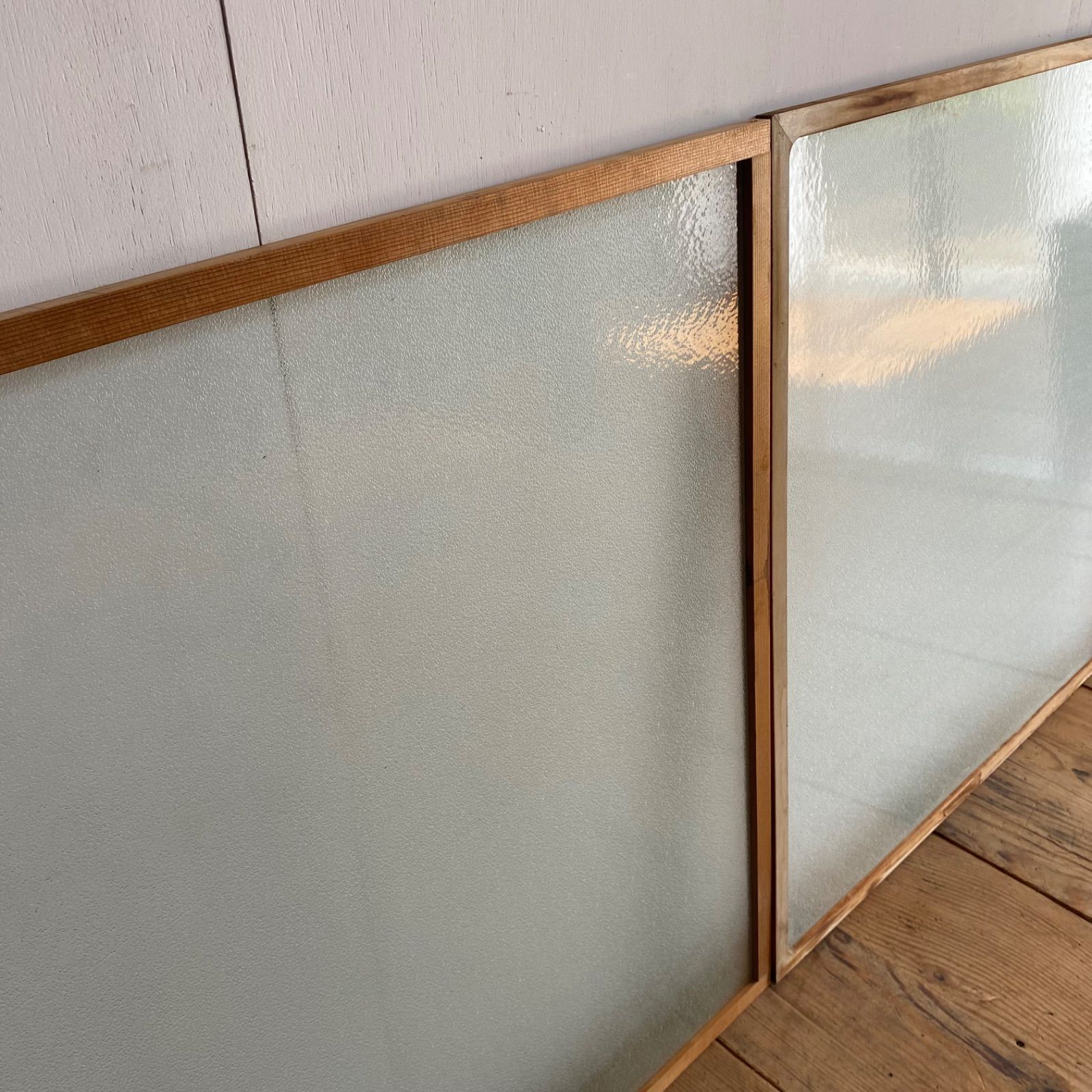 2枚セット アンティーク すりガラス 型ガラス 木製枠 古建具 レトロ