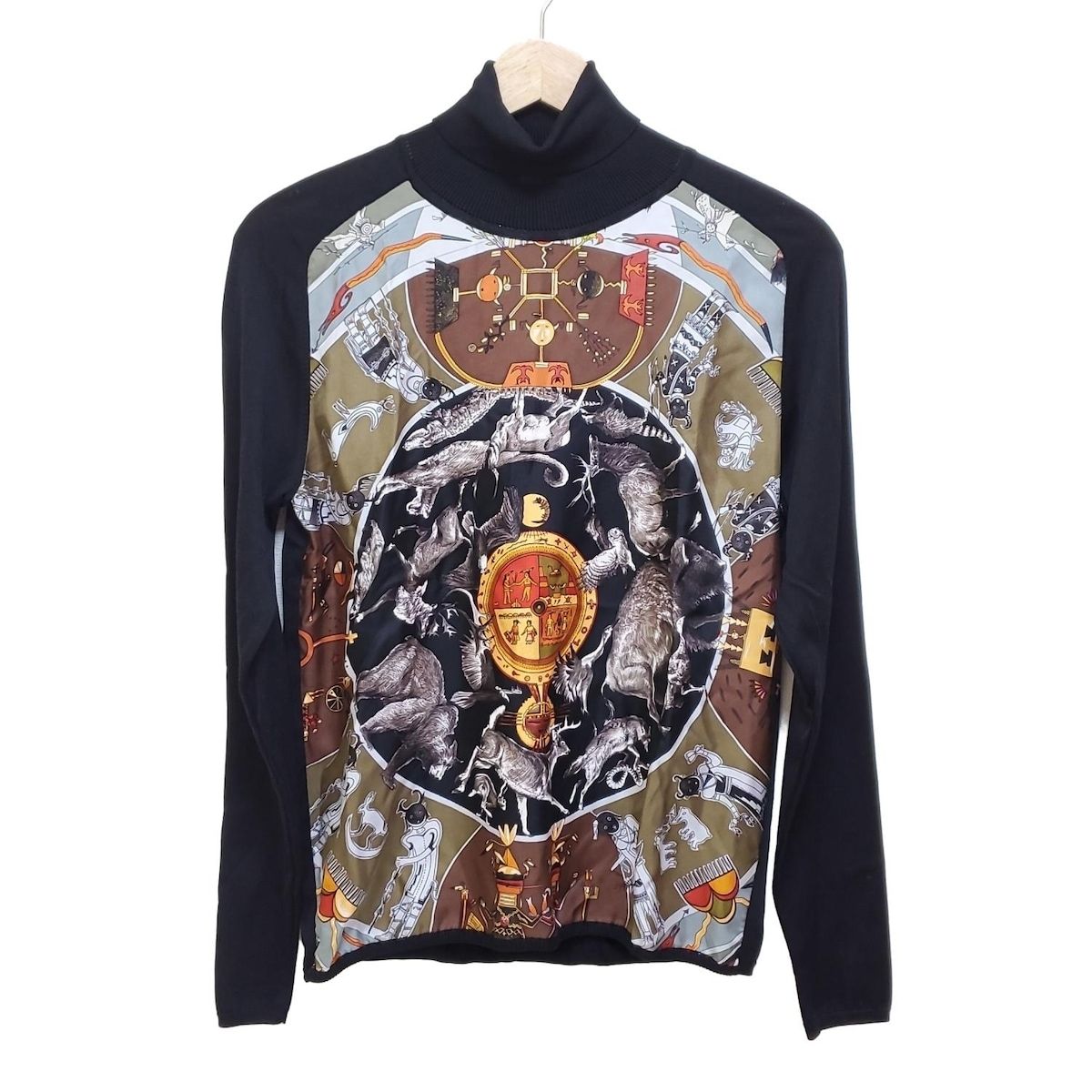 HERMES エルメス 長袖カットソー サイズXS レディース - 黒×ブラウン×マルチ タートルネック シルク