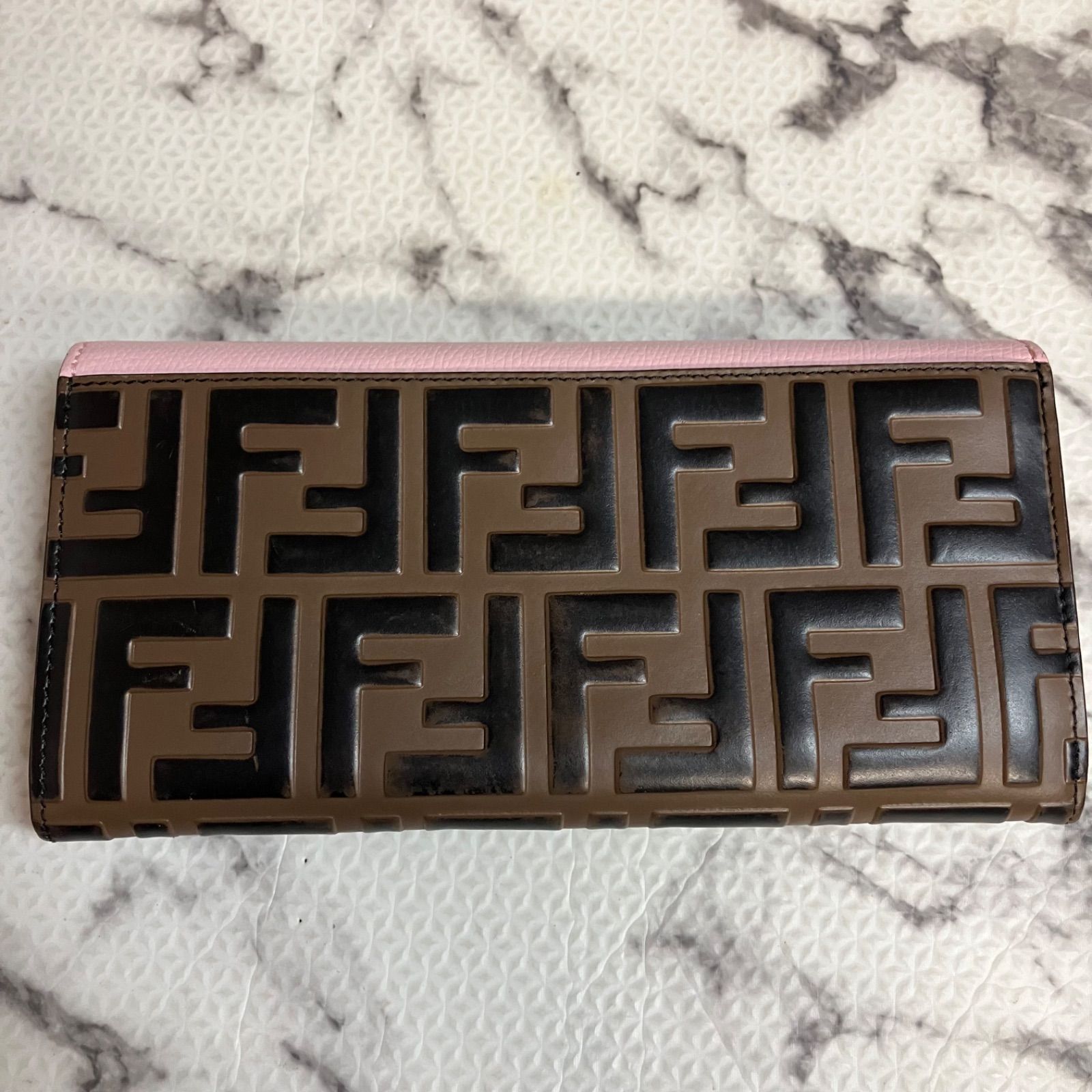 FENDI フェンディ ズッカ柄 レザー長財布 ピンク×ブラウン