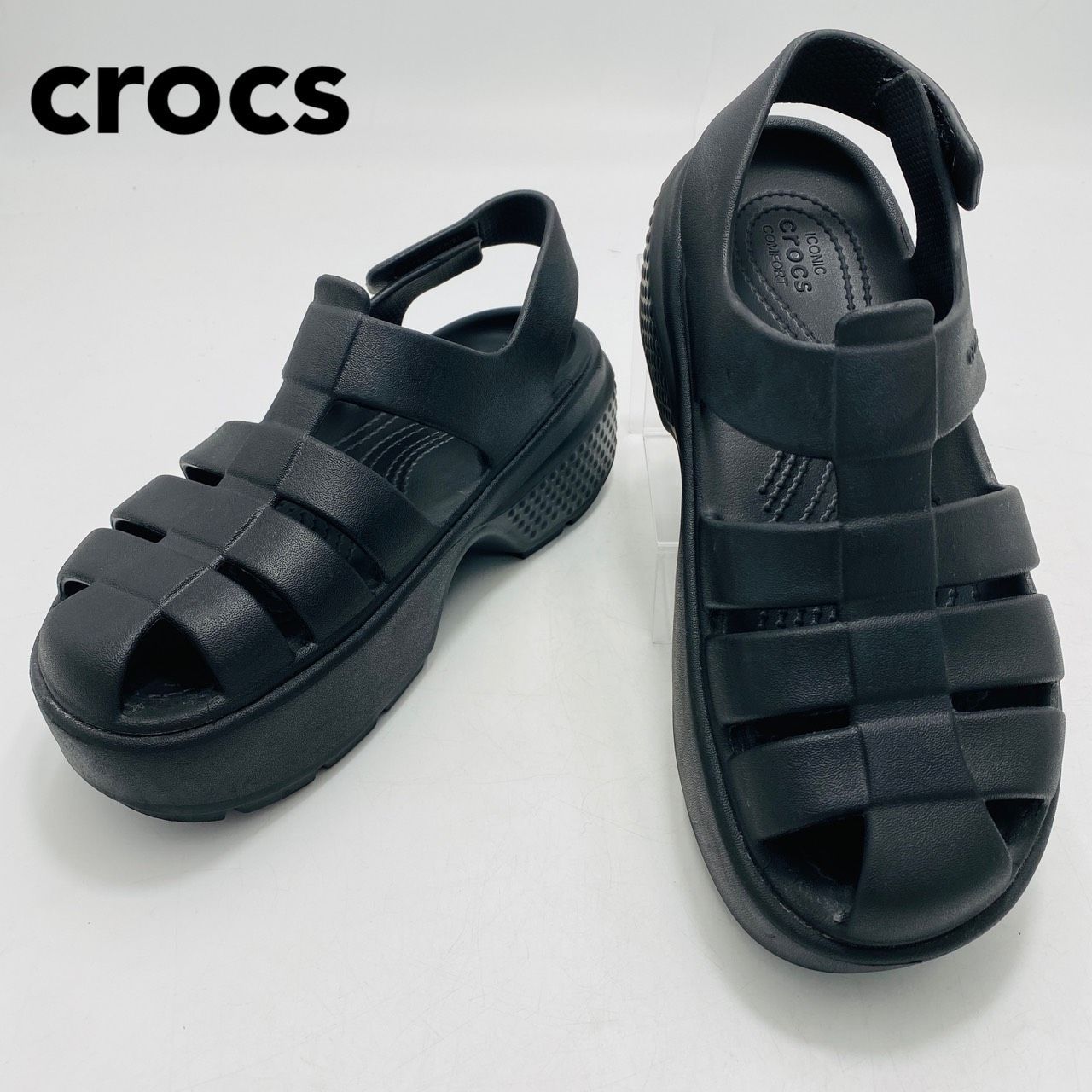 crocs ストンプフィッシャーマン モデル サンダル 厚底 ブラック W 7 レディース クロックス hws 02423