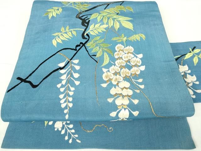 平和屋着物 アンティーク 大正ロマン 九寸名古屋帯 総刺繍 枝垂れ藤 金糸 正絹 DAAX3605az