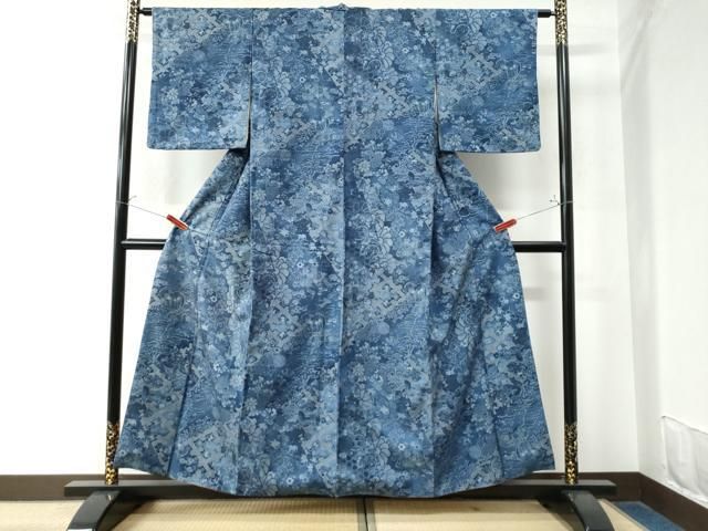 平和屋着物○上質な小紋 紬地 藍 型染め 更紗花唐草文 正絹 逸品