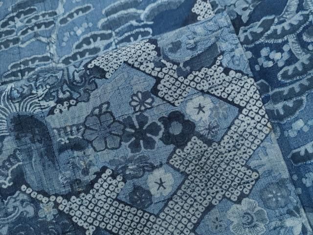 平和屋着物○上質な小紋 紬地 藍 型染め 更紗花唐草文 正絹 逸品