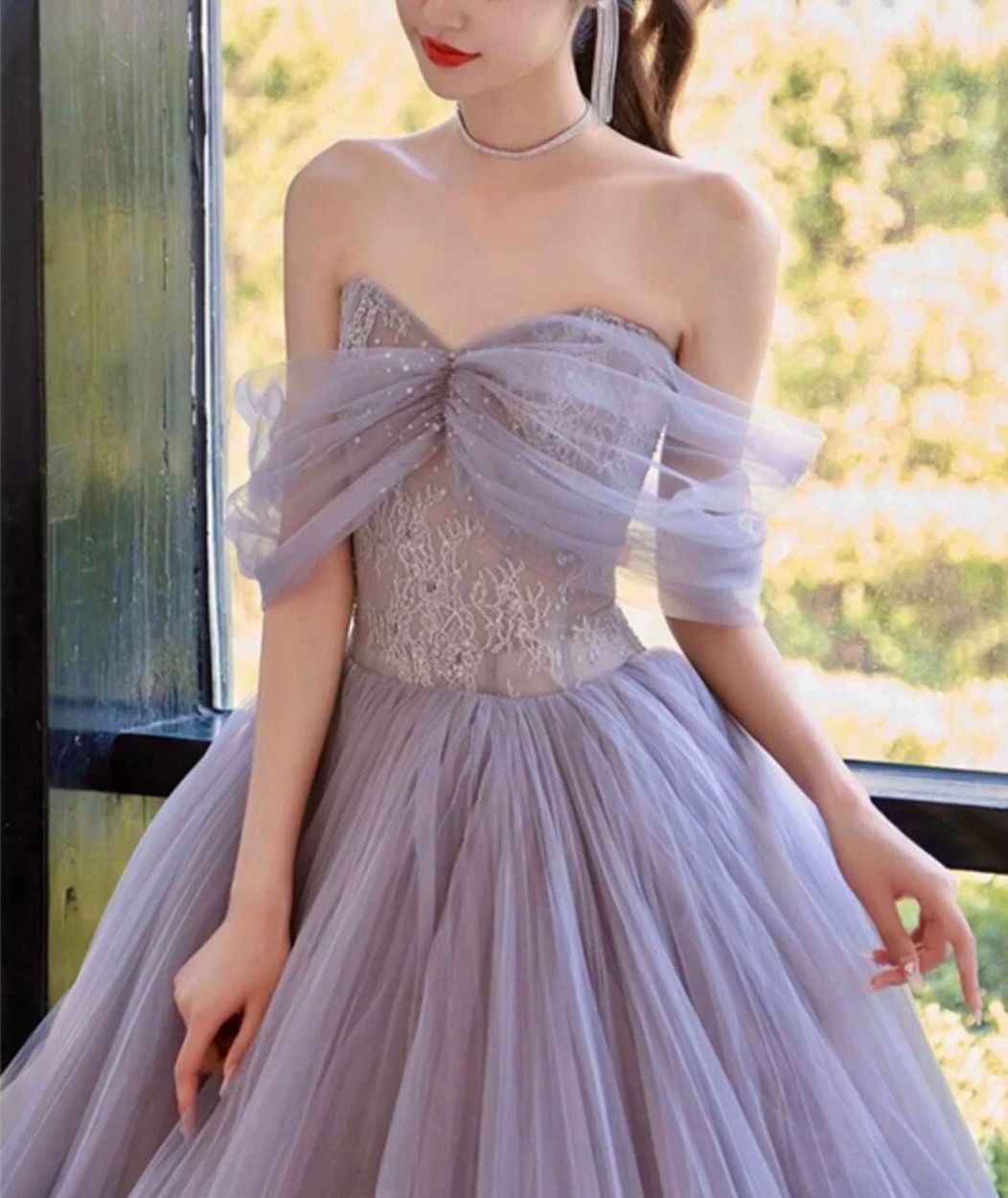 オフショル ラベンダー ドレス パープル 紫 ロング 結婚式 前撮り