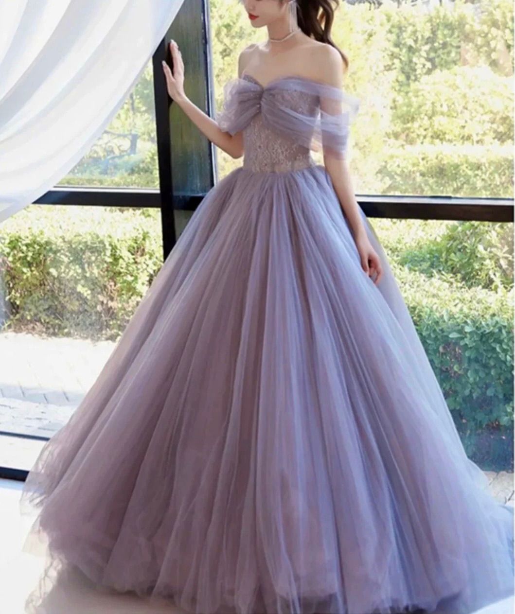 オフショル ラベンダー ドレス パープル 紫 ロング 結婚式 前撮り