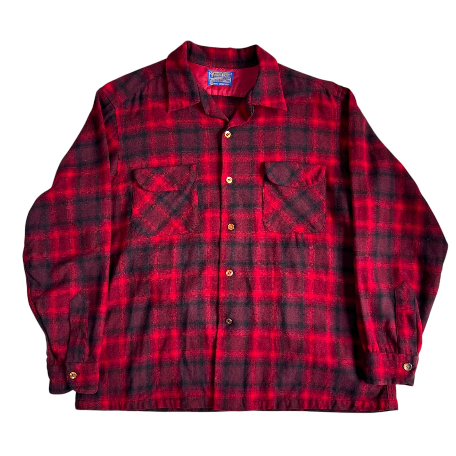 50s 60s オンブレ　黒白　ブラック　シャツ　ウール　開襟　ペンドルトン 50s PENDLETONペンドルトン チェック ウール オープンカラーシャツ L