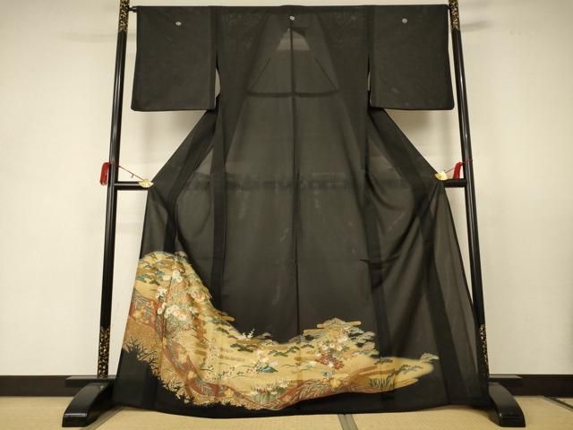 平和屋着物 夏物 黒留袖 絽 花車文 金彩 洗える着物 AABC1844jd