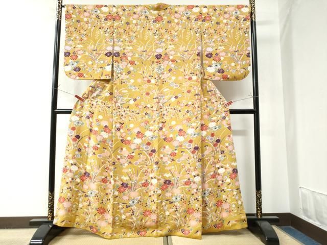 平和屋着物○上質な小紋 型染め 草花文 鬼しぼ縮緬 ますいわ屋扱い