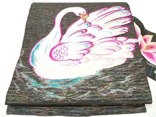 平和屋着物 アンティーク 大正ロマン 九寸名古屋帯 手刺繍 孔雀文 金銀糸 正絹 hy