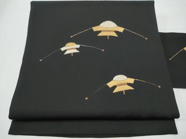 平和屋着物 塩瀬 九寸名古屋帯 手描き 弥次郎兵衛 黒地 金彩 正絹 CAAZ4091hy