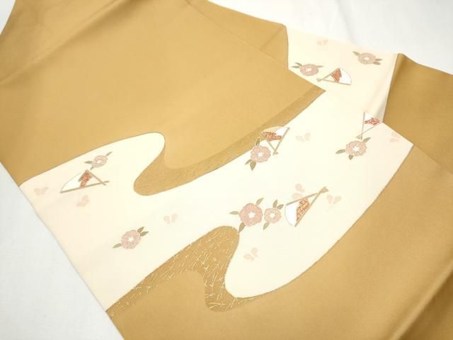 平和屋着物 塩瀬 九寸名古屋帯 扇面花蝶文 金彩 正絹 CAAZ4093hy