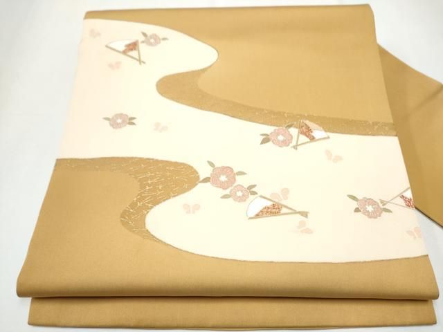 平和屋着物 塩瀬 九寸名古屋帯 扇面花蝶文 金彩 正絹 CAAZ4093hy