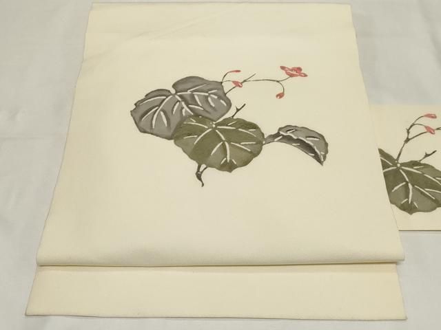 平和屋着物 九寸名古屋帯 手描き 草花文 正絹 dy