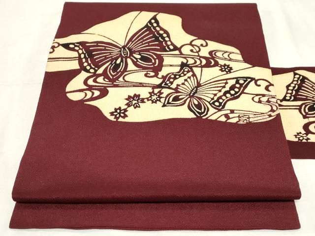 平和屋着物 九寸名古屋帯 草木手染 流水花蝶文 鬼しぼ縮緬 正絹 CAAZ0374dy