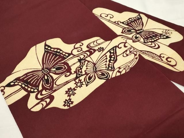 平和屋着物 九寸名古屋帯 草木手染 流水花蝶文 鬼しぼ縮緬 正絹 CAAZ0374dy