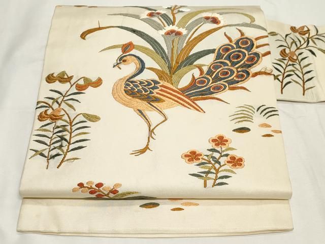 平和屋着物 九寸名古屋帯 唐織 孔雀花文 正絹 CAAZ0376dy