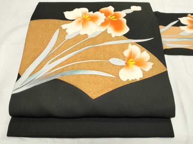 平和屋着物 塩瀬 九寸名古屋帯 地紙草花文 黒地 金彩 正絹 dy