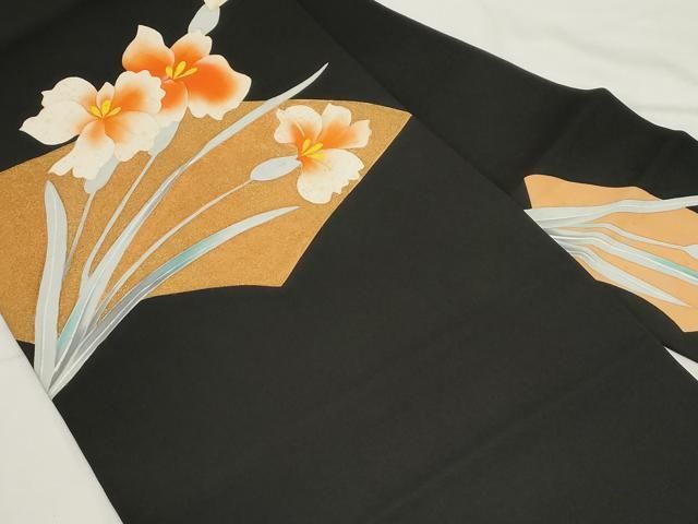 平和屋着物 塩瀬 九寸名古屋帯 地紙草花文 黒地 金彩 正絹 CAAZ0378dy