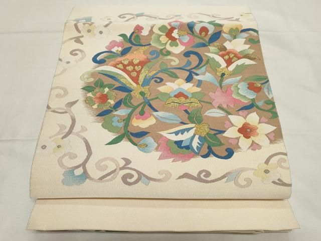 平和屋着物●爪＆#25620；き本綴れ　八寸名古屋帯　更紗花文　金糸　正絹　逸品　CAAZ0385dy 平和屋着物○爪搔き本綴れ 八寸名古屋帯 更紗花文 金糸 正絹 逸品